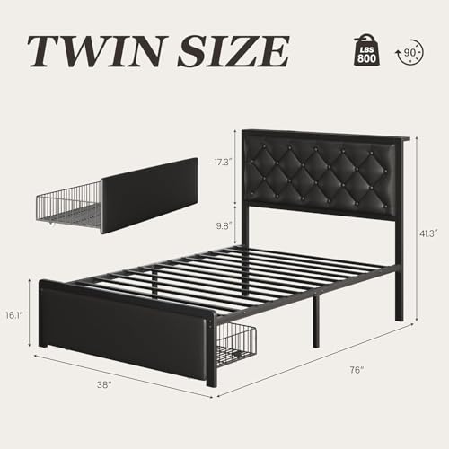 Image of Fluest Twin Bed Frame with Storage Drawer, Upholstered Headboard Button Tufted Bed Frame with Charging Station, No Box Spring Needed, Noise-Free, All Metal Structure, Black