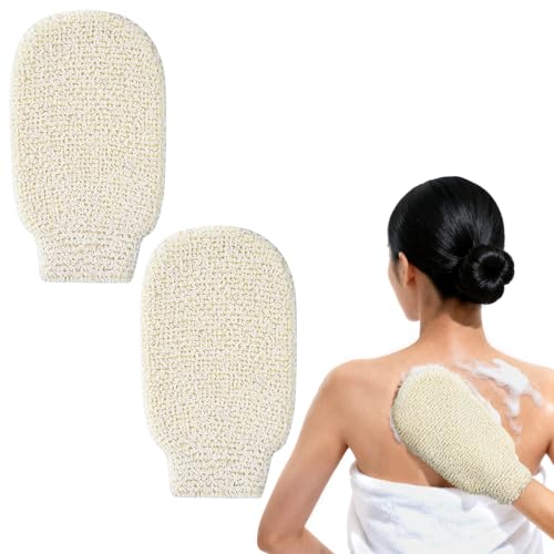 LOPHE Guantes Exfoliantes de Yute, 2 Piezas Manopla Exfoliante para Hombres y Mujeres, Guantes de Ducha con Fibras Vegetales de Yute, Exfoliating Glove para Spa,Masaje y Eliminar La Piel Muerta(Beige)