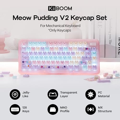 Image of KiiBOOM Cute Cat Keycaps Set, Mao Profile, Cat Shape | PC Keycap for MX Switch Mechanical Keyboard, Compatible with 60%, 65%, 75%, TKL, 96%, Full-Sized Layout (Meow Pudding V2)
