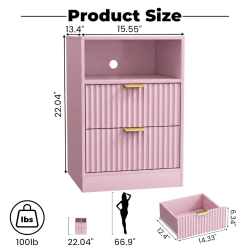Image of Wodeer LED Nightstand with Charging Station, Fluted Nightstand Set of 2, Wood Nightstands with 2 Drawers & Metal Handles, Modern Bedside Table & End Tables, Farmhouse Night Stands for Bedroom, Pink