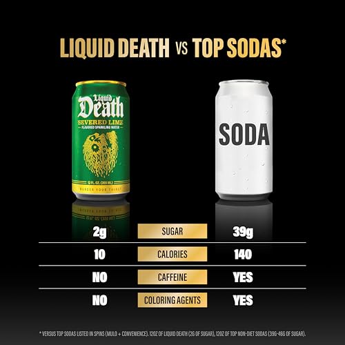 Liquid Death Soda-Flavored Sparkling Water - Classic Variety, Less Sugar*, Huge Flavor, No Caffeine, No Artificial Sweeteners, 4 Flavors: Lime, Doctor Death, Cola, Root Beer, 12 Fl Oz (Pack of 12)