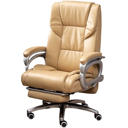 Genuine Leather Office Chair, Comfort Executive Computer Chair Ergonomic Swivel Task Chair with Adjustable Back and Footrest for Heavy People,Beige-One Size