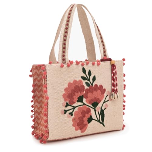 Image of Boho Girl Marigold Mini Tote Bag | Floral Embroidered Hand Bag with Pom-Poms & Tassel |Handbag, Shoulder Bag, Shoulder Women Bag with Inside Pocket | Jacquard Canvas Material