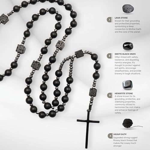 Nazareth Store Men's Rosary Necklace Black Onyx or Tiger Eye Beads with Black Alloy Cross, Catholic Christian Religious Jewelry, Gift for Him3