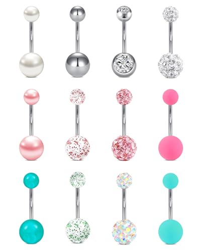 FECTAS 12pcs 14G Piercing de Ombligo de Acero quirúrgico 12 mm Set de Piercings de Ombligo con Piedra para Mujer Plata Rosa Verde