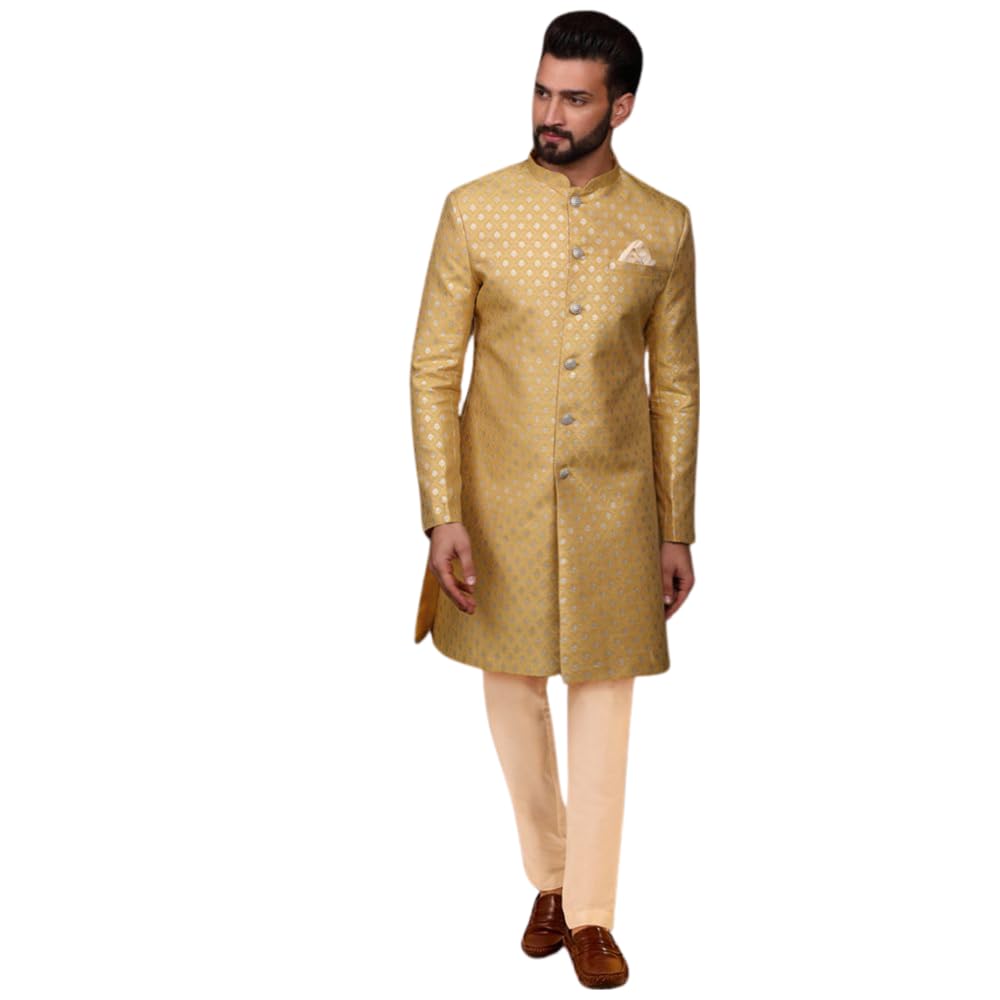Kisah Men's Indo-Western Sherwani Trouser Set, Mustard Silk Blend, Jacquard Regular Fit Mandarin Collar Long Sleeves (M)