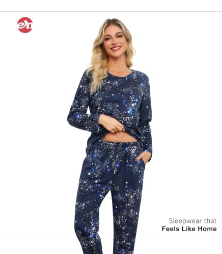 Image of ENJOYNIGHT Womens Pajama Set Cotton Pjs Long Sleeve Sleepwear with Pockets | Two Piece Crew Neck Sleep Set, Elastic Waist Long Pant, Lightweight Loungewear