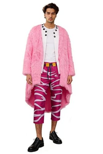 Men Anime Cosplay Outfit Pink Coat Uniform Pants Shirt Red Cape Halloween