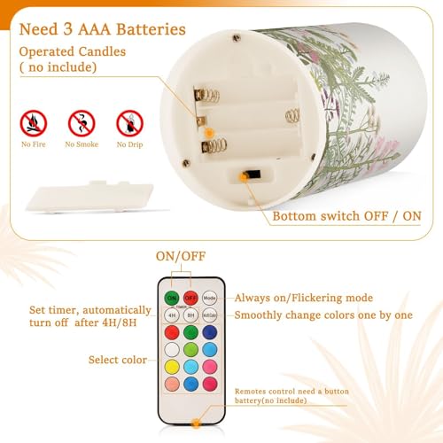 Image of Flickering Flameless Candles, Flowers Herbs Wildflowers Botanical LED Candles with Remote Timer, Set of 2 Battery Operated Candle for Valentine Wedding Birthday