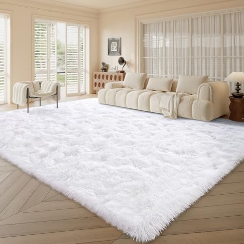 9x12 ft Fluffy White Rugs for Living Room Soft Fuzzy Bedroom Area Rug Non-Slip Shaggy Carpet for Nursery Kids PlayRoom Dorm Office Indoor Modern Plush Carpet Teens