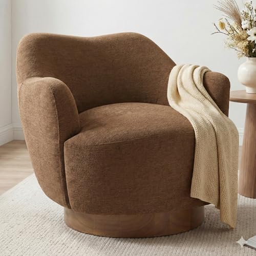 Image of KISLOT, Swivel Accent Chair, Modern Arm Chair with Wooden Base, Terracotta | Upholstered Barrel Chair with Curves Camel Back Design, Living Room Bedroom Reading
