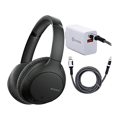 Sony WHCH710N Wireless Bluetooth Noise Canceling Over-The-Ear Headphones (Black) with Kratos 18W PD Two-Port Power Adapter and Kratos 6-Feet Nylon Braided USB-C Cable Bundle (3 Items)