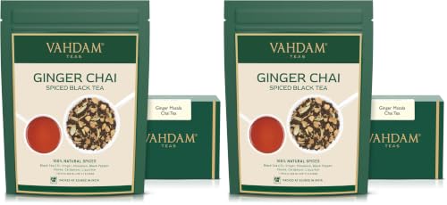 Image of VAHDAM, Ginger Masala Chai Tea (50+ Cups,3.53oz) Authentic Indian Ginger Tea | Spiced Chai Tea Loose Leaf | Brew Hot, Iced Or Chai Latte | Vacuum Sealed Pack (Pack of 2)
