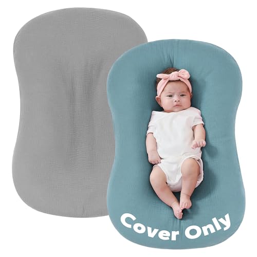 Image of FUNUPUP Muslin Baby Lounger Cover Only Compatible with Snuggle Me Lounger, Infant Lounger Pillow Cover for Newborn, Removable Newborn Lounger Cover for Boys and Girls, Only Cover, Grey & Blue