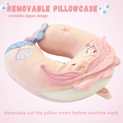 Image of Travel Pillow, Travel Accessories for Car Airplane Traveling, Soft Memory Foam Kids Travel Pillow with Sleep Eye Mask Kids Neck Pillow for Boys & Girls - Cute Pink Mermaid