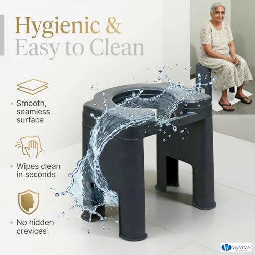 Image of Veayva FlexEase Commode Stool - Wide Seat, Non-Rust Plastic, Knock-Down Design | Shower-Friendly Toilet Stool for Elderly, Disabled, Adults | Lightweight & Hygienic (Onyx Noir Black)