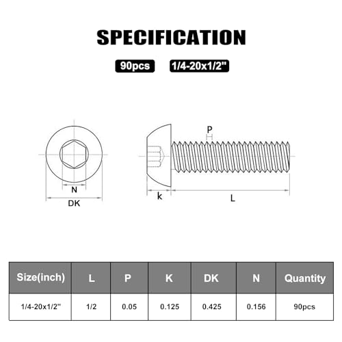 Image of VGBUY 90Pcs 1 /4-20 x 1 /2 inch Button Head Socket Cap Bolts Screws, 304 Stainless Steel 18-8, Allen Hex Drive, Bright Finish, Fully Threaded, Hex Spanner Included (VG30302)