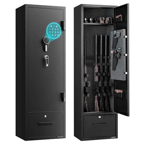 VEVOR Armario para Armas Largas con Cerradura con Contraseña, Caja Fuerte para 4 Rifles con 2 Compartimentos para Munición y 2 Estantes Ajustables, Armeros de Caza para Pistolas, 405 x 280 x 1400 mm