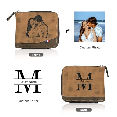 Personalized Mens Wallet with Custom Photo and Engraved Name Slim Leather Bifold Wallet for Men Customized Gifts for Dad Men (Coffee)2