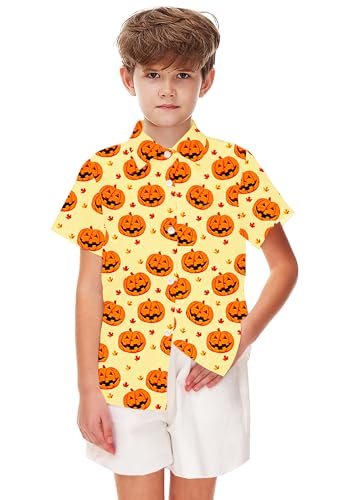 Image of Remimi Unisex Kids Halloween Shirt Boys Pumpkin Ghost Shirts Hawaii Button Up Tops 5-14 Years