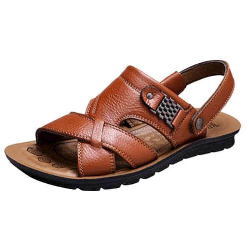 Men's Leather Casual Flat Sandals with Adjustable Dual use Ankle Straps Open Toe Cutout Anti-Slip Summer Breathable Sandals