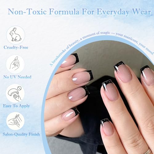 24PCS Short Square False Nails French Tip Press on Nails with Black Line Design, Nude Pink Stick on for Women, Includes Jelly Adhesive Tabs, Removable Elegant Fake for Daily or Special Occasions - Image 3