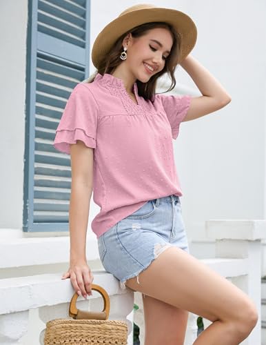 Aprolive Women Dressy V Neck Blouses Butterfly Ruffle Short Sleeve Shirts Cute Dressy Swiss Dot Trendy Tunic Top (Pink, M) — view 2