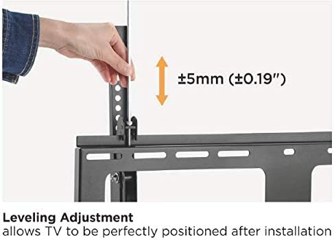 Hand adjusting the leveling mechanism on the Mount Plus OB-600 TV mount, showing a +/- 5mm adjustment range
