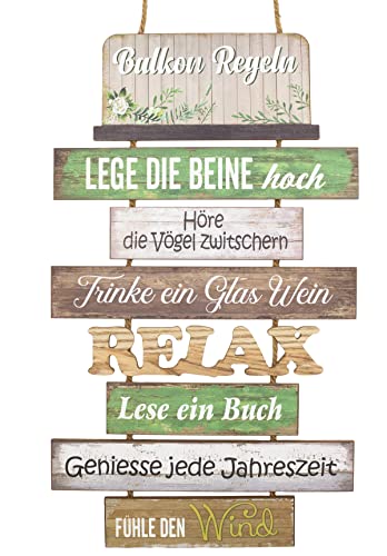 Schild mit Balkonregeln zum Hängen Holz Tafel Wand-Deko H=57 5 cm + 13 cm Hänger