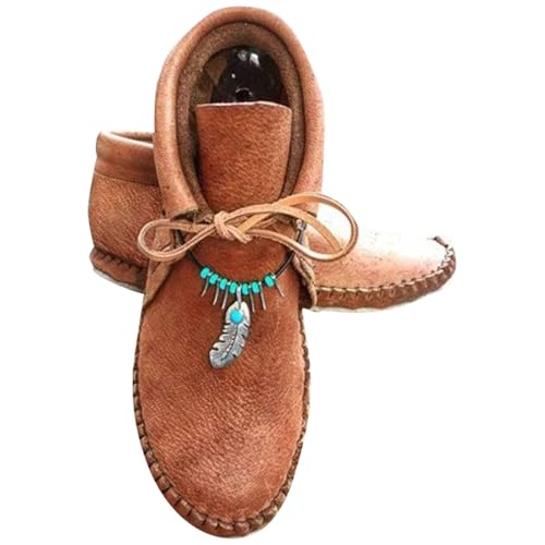 Bottines Femme Plates Cuir Mode Mocassin Bottes Courtes Vintage Ethnique Bout Rond rétro Confortables Légères Tendance Boots Chaussures 39 Brun