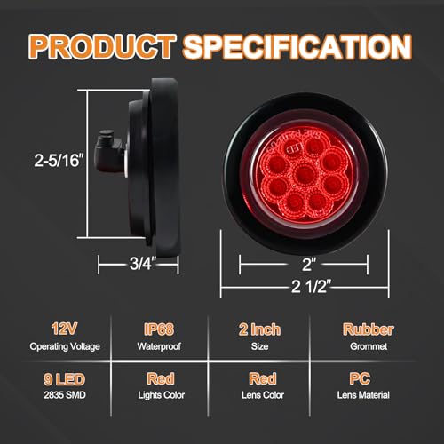 Wodvyss 10x Red 2" Round Sealed Clearance Marker Light 9 LED Grommet & Pigtails w Reflex Lens, [DOT Approved] 2 inch round led marker lights, 2 inch round led trailer lights, 2 inch round led lights by Wodvyss - Image 7