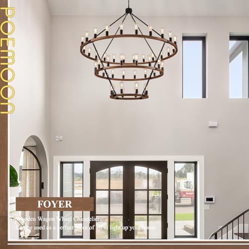 Image of Farmhouse Wooden Wagon Wheel Chandelier 48-Light 63 inch Light Fixture