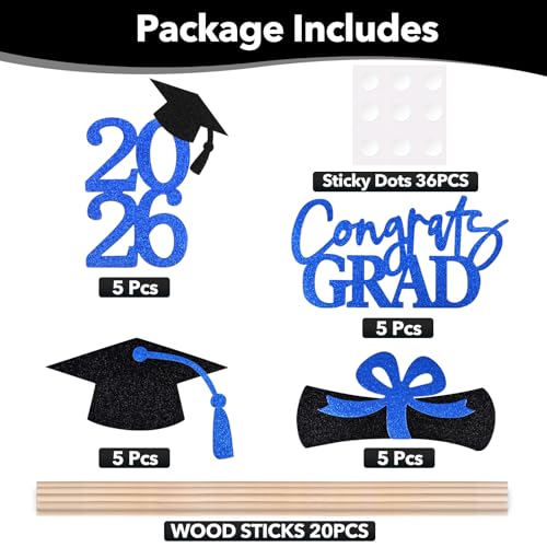 Image of 20 PCS 2026 Graduation Party Decorations Set, Class of 2026 Double Sided Graduation Centerpiece Stick Glitter for Tables,Table Toppers,Party Accessories,Black /Blue