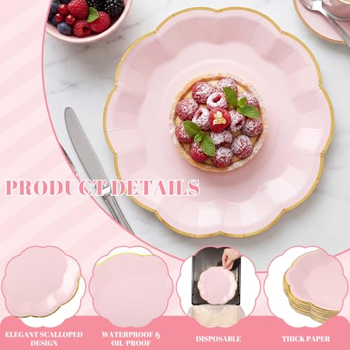 Image of NatNarr 30 Pcs Pink Plates with Gold Trim 9 Inch Pink and Gold Party Plates Scalloped Dinner Plate Disposable for Baby Shower, Wedding, Birthday, Bridal shower