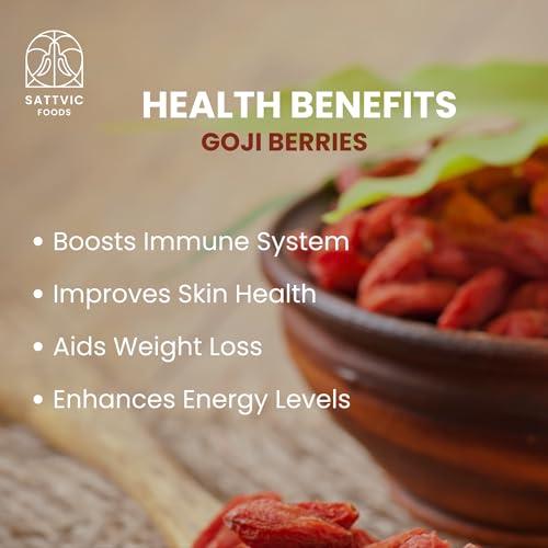 Image of Sattvic Foods Dried Goji Berries (100 g) | Non-GMO, Preservative-Free, Unsweetened Happy Berries | Rich in Antioxidants, Vitamins & Fibre | Enjoy Plain or in Smoothies, Cereals & Baking