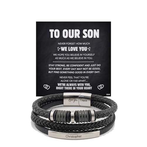 ziella To My Son Bracelet, From Mom/Dad, Multilayer Braided Leather Bracelet, Personalized Engraved Men's Gift with Message Card and Gift Box, Leather Weaving, Stainless Steel