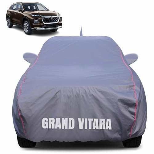 Image of 100% Waterproof Car Body Cover for Maruti Suzuki Grand Vitara (2022-2025) with Mirror Pocket (Heat & UV Resistant, Triple Stitched, Soft Lining, Bottom Elastic & Piping) Grey