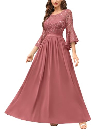 Image of Miusol Women's Formal Sparkle Sequin Lace Bell Sleeve Evening Party Maxi Dress