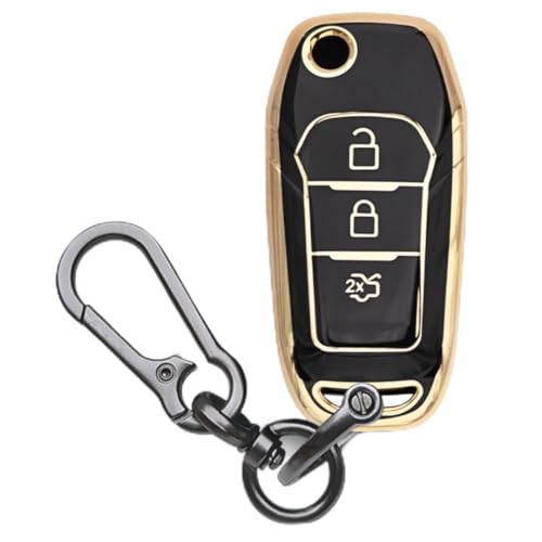 Image of KEYCEPT Gold Line TPU Key Cover Compatible for Ford Figo | Aspire | Endeavour | 3 Button Flip Key with Keychain. (Type 1, Black)