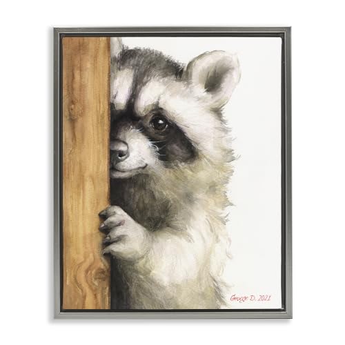 Peering Raccoon Watercolor Woodland, 25 x 31 Inch Canvas in Floater Frame