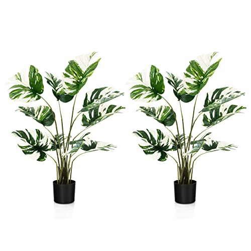 Goplus 4ft Artificial Monstera Deliciosa Plant, 2 Pack Tall Fake Tropical Palm Tree in Pot with 10 Decorative Split Leaves, Faux Swiss Cheese Plant for Floor Home Office Living Room Decor