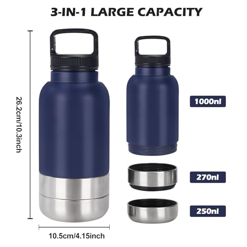 Trinkflasche Hunde für Unterwegs, 1000ml Hundetrinkflasche für Unterwegs, Wasserflasche Hund, Edelstahl Trinkflasche Hund mit Wassernapf und Futternapf, Hundezubehör für Spaziergang, BPA-Frei