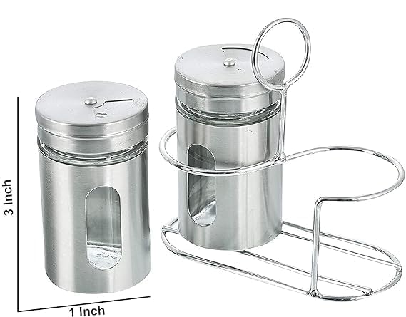 Image of INKULTURE Stainless Steel Salt and Pepper Shaker with Transparent Glass 100 ml (Set of 2) with Stainless Steel Stand for Oregano, Chilli Flakes, Sugar, Seasoning Sprinkler Dinning Table Masala Pot