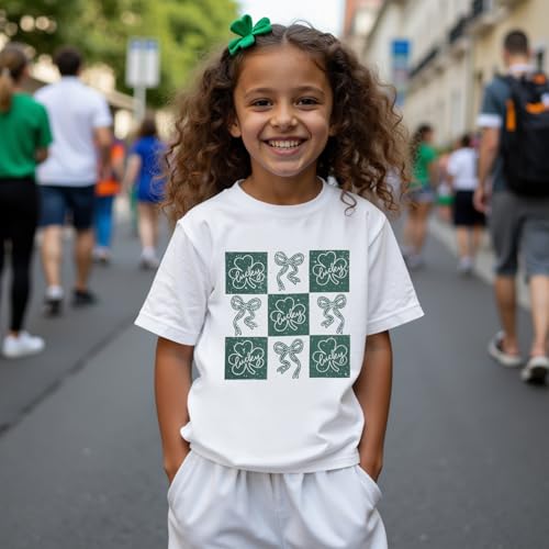 Image of Kid Girls St. Patricks Day Shirts Bow Lucky T-Shirt Shamrock Tees Clover Short Sleeve Tops Irish Outfits 7-12 Years