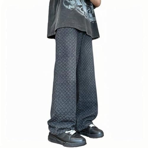 Cambkatl Men's Jacquard Jeans, Loose Straight Leg Casual Drawstring Elastic Waist Vintage Washed Denim Pants3