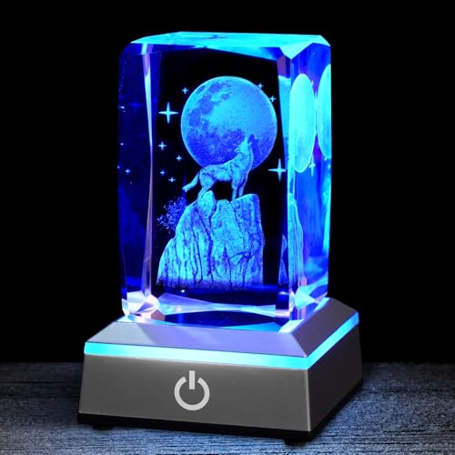 Image of 3D Wolf Crystal Night Light with Multicolor LED Base Glass Laser Engraved Wolf Figurines Statue Gifts for Boys Girls Birthday Christmas Room Decor