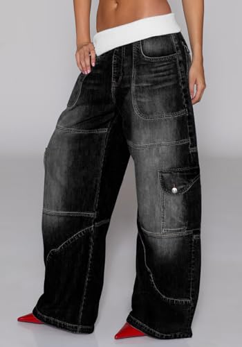 Famnbro Womens Barrel Cargo Jeans Y2k Elastic Patchwork High Waisted Straight Wide Leg Boyfriend Denim Pants2