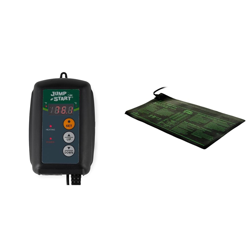 JumpStart Jump Start MTPRTC UL Listed Digital Controller Germination Heat Mat Thermostat, 1 Pack & Jump Start MT10006, 17 Watt UL Certified Seedling Heat Mat, 8.875"x19.5", Black