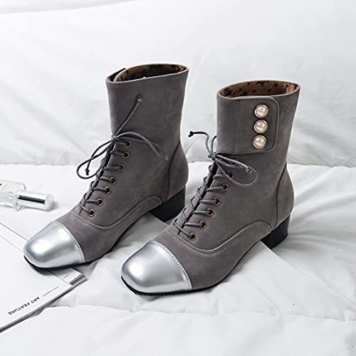 VOKLIN Women's Square Toe Lace Up Dressy Ankle Boots Block Low Heel Velvet Lined Western Dress Short Booties4