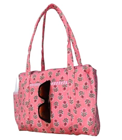 CottonHandloom Quilted Travel Duffle Weekender Bags for Women Carry on Overnight Bag with Toiletry Bag, Block print Gym Duffel Bag with Hospital gifts2